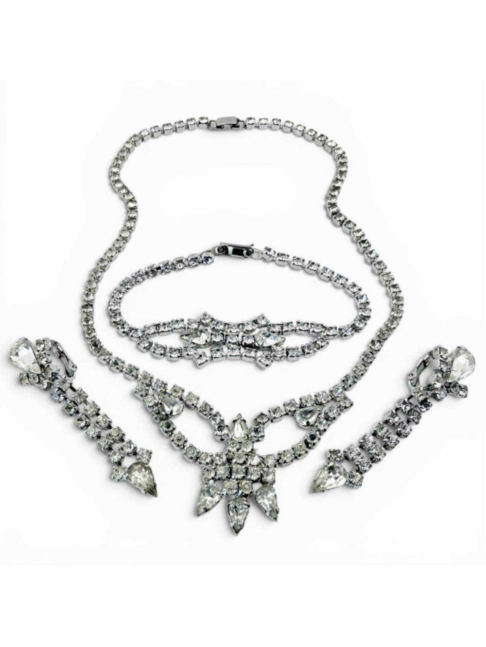 Vintage Rhinestone Jewelry Set Necklace Bracelet Earrings, Clear Crystal Bridal